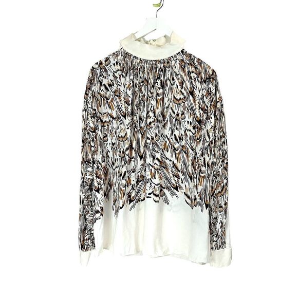 Reiss Blouse Womens Size 10 Ivory Magda Feather Print Mock Neck Poet Sleeve - Picture 8 of 14